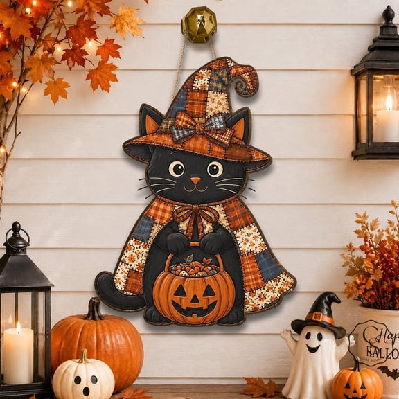 Wooden Sign Black Cat Witch Wood Front Door Hanger Halloween Porch Entry Decor