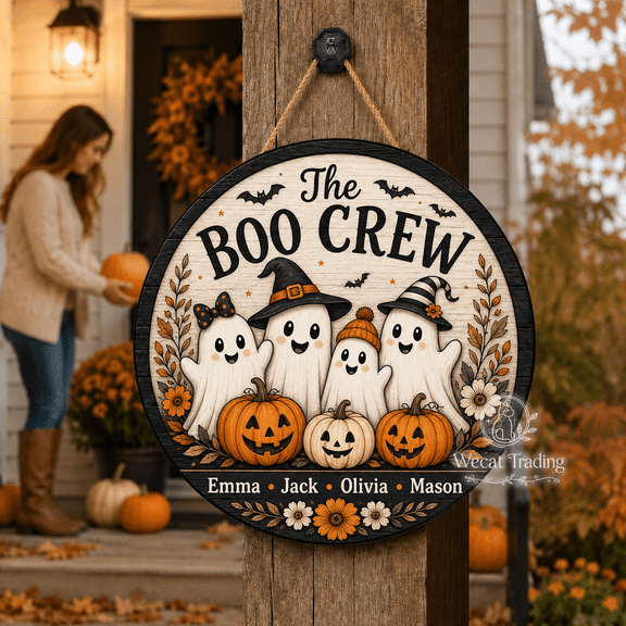 Wooden Sign Boo Crew Personalized Wooden Front Door Hanger for Family Halloween
