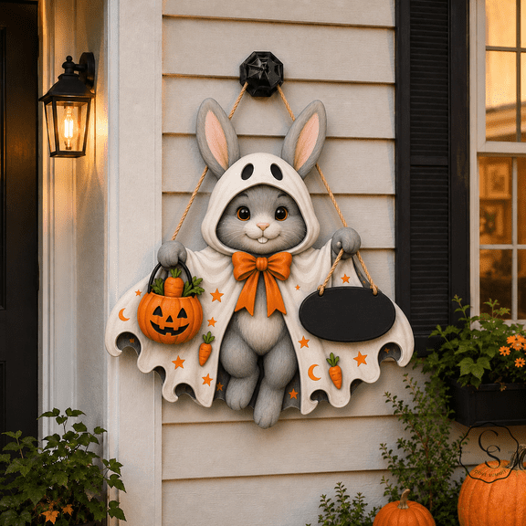 Wooden Sign Bunny Ghost Halloween Wood Door Hanger for Front Door Entryway