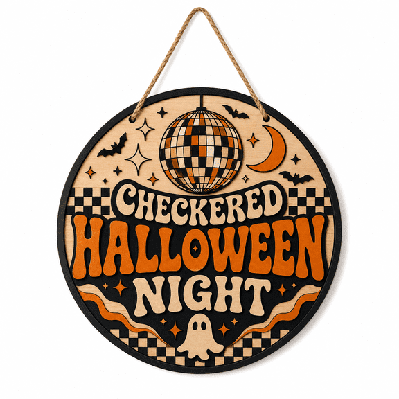 Wooden Sign Checkered Halloween Night Round Wood Hanging Door Decor for Retro Style Lovers