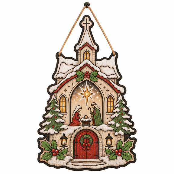 Wooden Sign Christmas Church Nativity Wooden Hanging Door Sign for Christian Christmas Decor
