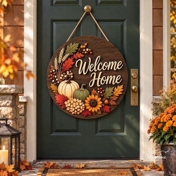 Wooden Sign Classic Autumn Welcome, Round Fall Front Door Hanging Decor