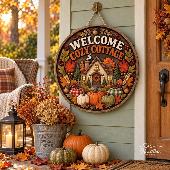 Wooden Sign Cozy Cottage Fall Wreath, Autumn Pumpkin Front Door Decor