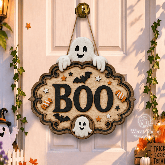Wooden Sign Cute Ghost Halloween Wood Front Door Hanging for Spooky Season