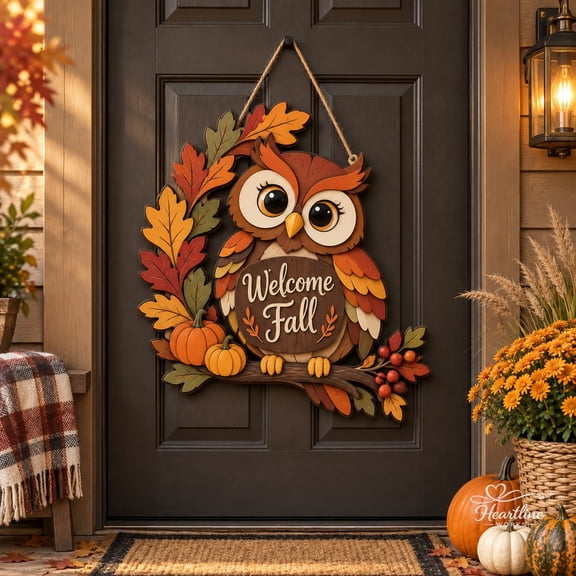 Wooden Sign Fall Door Decor Autumn Owl with Pumpkins and Leaves Thanksgiving Welcome