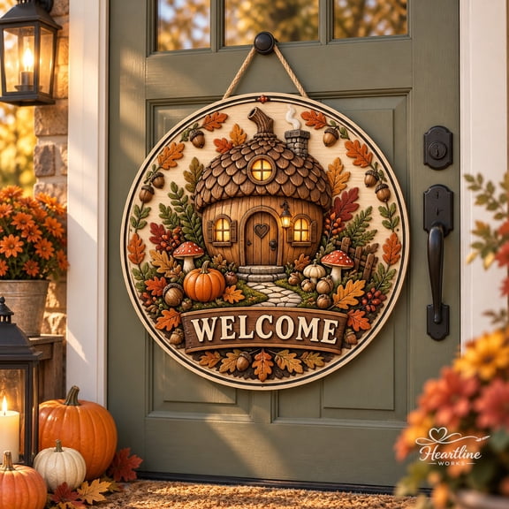 Wooden Sign Fall Door Decor Whimsical Acorn Cottage Rustic Autumn Welcome