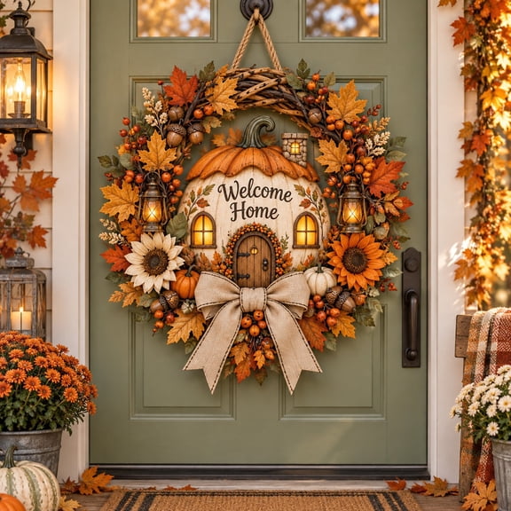 Wooden Sign Fall Pumpkin Cottage Door Wreath, Welcome Home Entryway Hanging for Thanksgiving