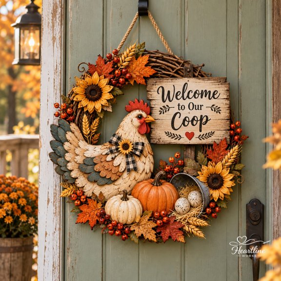 Wooden Sign Farmhouse Chicken Fall Wreath for Front Door, Country Home Gift