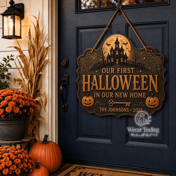 Wooden Sign First Halloween New Home Door Hanger for Housewarming Gift