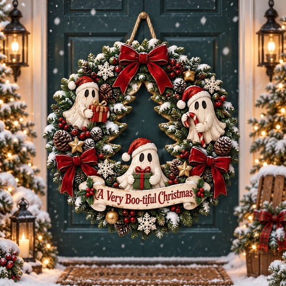 Wooden Sign Ghost Christmas Wreath for Front Door, Holiday Gift for Spooky Season Fans