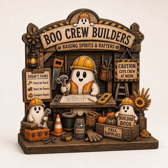 Wooden Sign Ghost Construction Crew Halloween Tabletop Display for Fall Decor