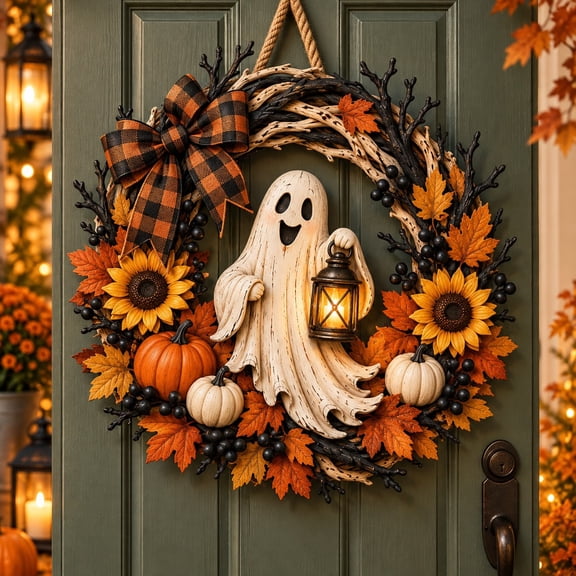 Wooden Sign Ghost Lantern Wreath Front Door Halloween Welcome Gift