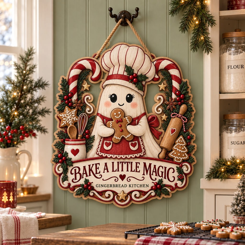 Wooden Sign, Gingerbread Baker Ghost Kitchen Hanging for Holiday Hosts ...