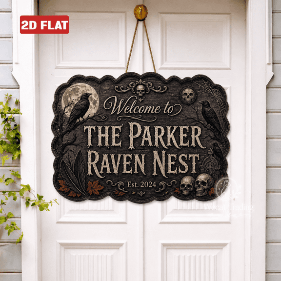 Wooden Sign Gothic Raven Family Wood Front Door Hanger for Halloween Housewarming