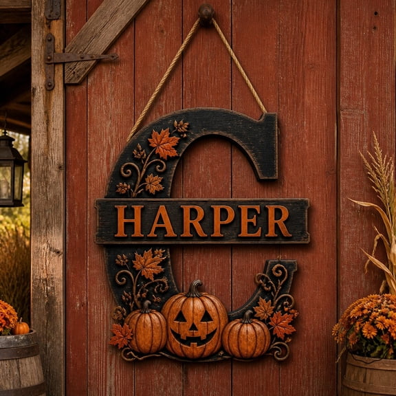 Wooden Sign Halloween Large Initial Letter Wood Hanging Door Sign for Farmhouse Entry