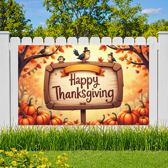Wooden Sign Happy Thanksgiving Banner Autumn Leaf Decor Pumpkin Birds for Fall Festival Holiday Party Feast