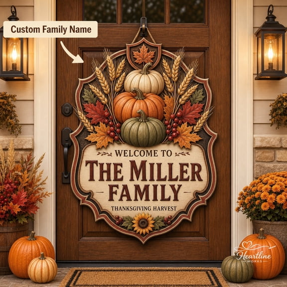 Wooden Sign Harvest Pumpkins Wheat Maple Leaves Thanksgiving Door Decor