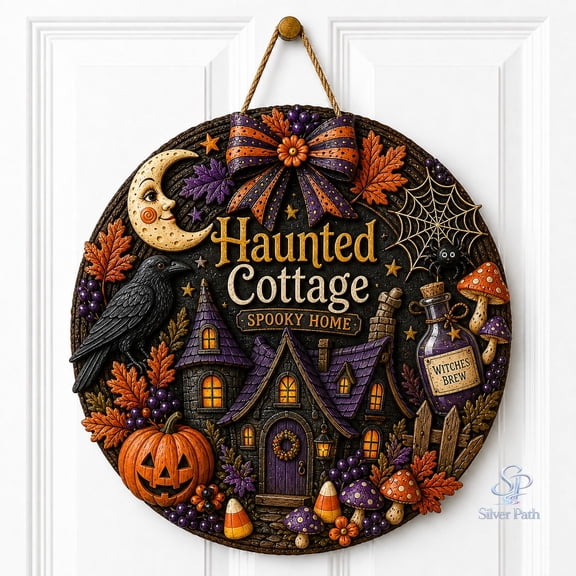 Wooden Sign Haunted Cottage Witch House for Front Door Hanging for Halloween Homes