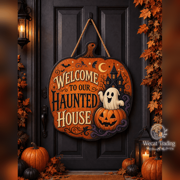 Wooden Sign Haunted House Pumpkin Ghost Front Door Hanger for Halloween Entryway