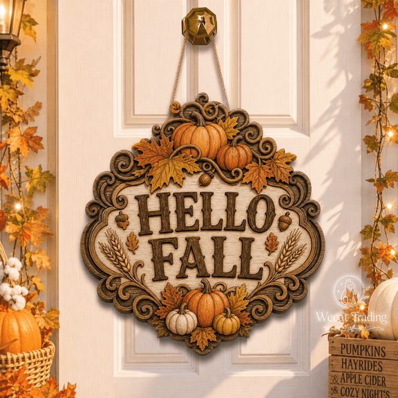 Wooden Sign Hello Fall Pumpkin Harvest Wood Door Hanging for Front Porch Entryway