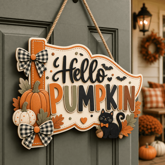 Wooden Sign Hello Pumpkin Fall Halloween Wooden Front Door Hanging for Autumn Porch Entryway