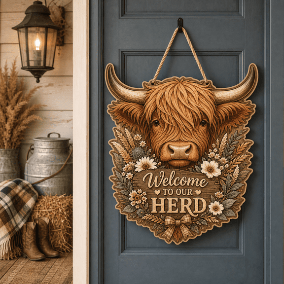 Wooden Sign Highland Cow Head Shape Wood Front Door Hanging for Fall Farmhouse Entry