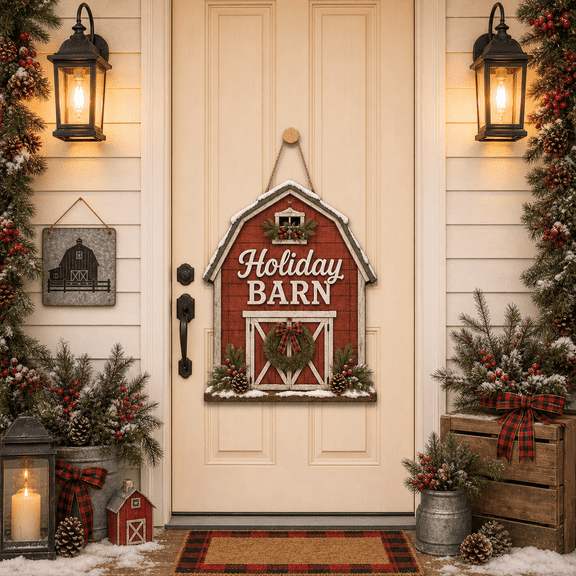 Wooden Sign Holiday Barn Rustic Christmas Door Hanging for Farmhouse Entryway