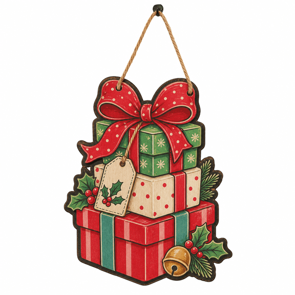 Wooden Sign Merry and Bright Wrapped Gift Box Wood Hanging Christmas Gift