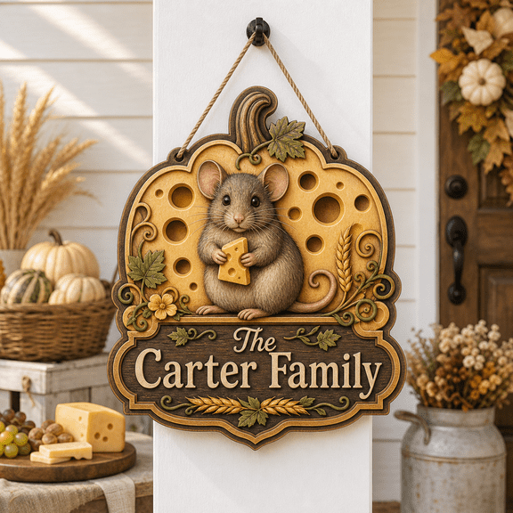 Wooden Sign Mouse Pumpkin Fall Wooden Front Door Hanger for Family Porch