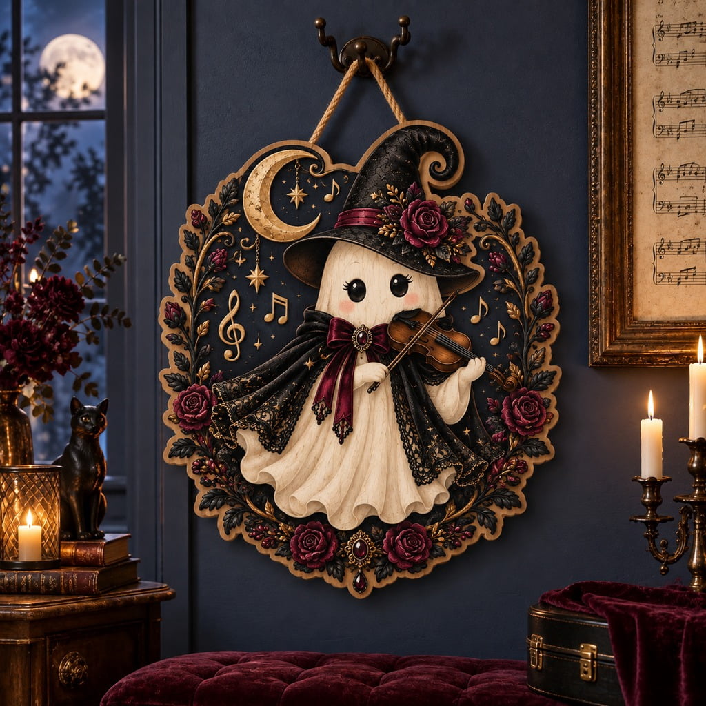 Wooden Sign Musical Ghost Violin Gothic Hanging Decor for Music Lovers ...