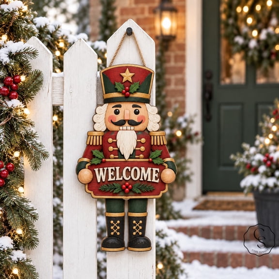 Wooden Sign Nutcracker Christmas Welcome Door Decoration for Holiday Hosts