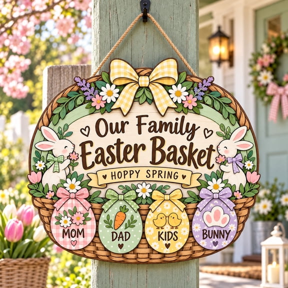 Wooden Sign, Pastel Easter Basket Family Door Welcome for Spring Gatherings