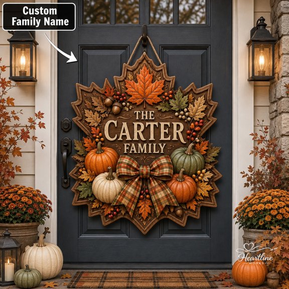 Wooden Sign Personalized Autumn Pumpkins Maple Leaves Family Door Hanger