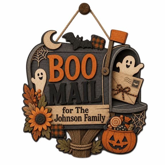Wooden Sign Personalized Boo Mail Haunted Mailbox Wooden Hanging Sign for Family Halloween