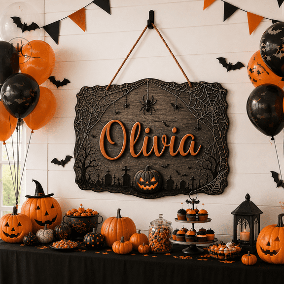 Wooden Sign Personalized Spider Web Halloween Wood Hanging for Front Door Entryway
