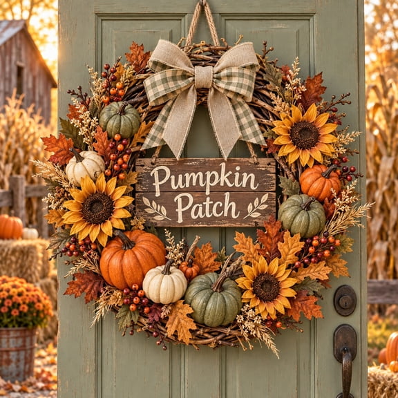 Wooden Sign Pumpkin Patch Wreath Rustic Front Door Decoration for Fall Harvest