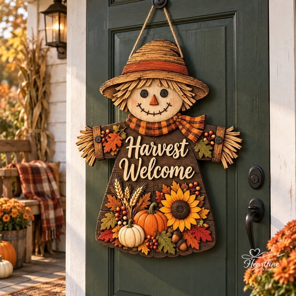 Wooden Sign Scarecrow Harvest Welcome, Rustic Fall Front Door Decor