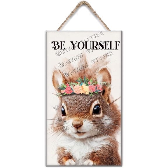 Wooden Sign Squirrel Woodland Nursery Wall Art Prints Cute Woodland Floral Crown Animals Motivational Wooden Posters for Baby Kids Room Home Decor, Squirrel Gifts 6x12 inches