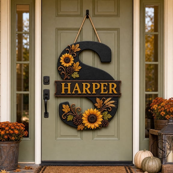 Wooden Sign Sunflower Fall Initial Letter Wood Front Door Hanger for Family Entryway