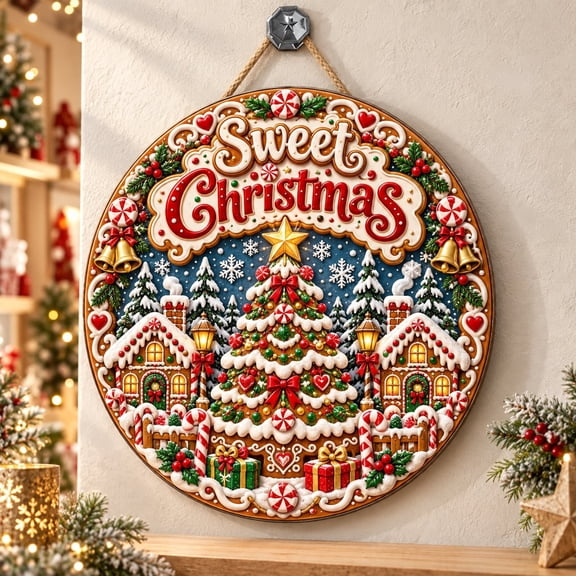 Wooden Sign Sweet Christmas Gingerbread House Snowman Theme Door Hanger Holiday Decor