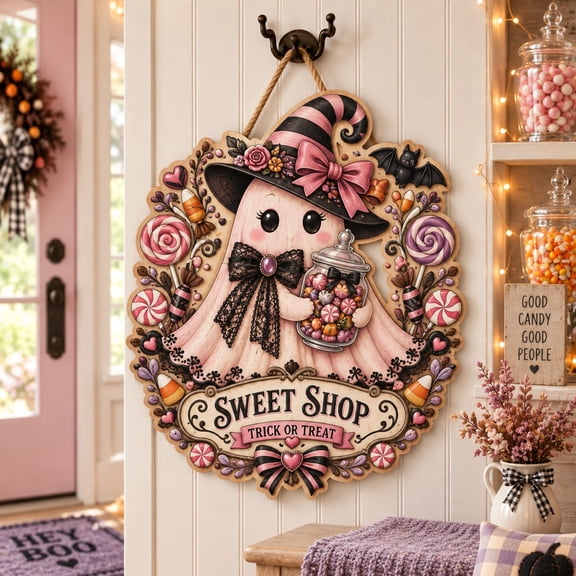 Wooden Sign Sweet Shop Ghost Halloween Door Hanging for Seasonal Hosts