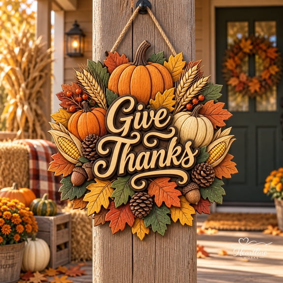 Wooden Sign Thanksgiving Harvest Pumpkins Wheat Acorns Fall Porch Decor