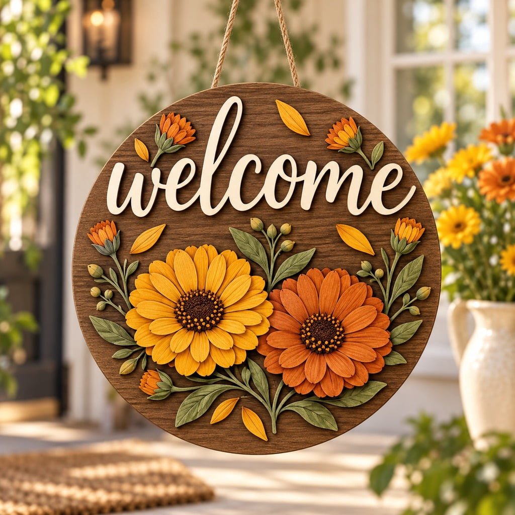 Wooden Sign Welcome Fall Golden and Copper Calendula Pair, Front Door ...