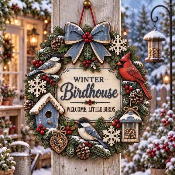 Wooden Sign Winter Birdhouse Rustic Garden Welcome Porch Christmas Gift