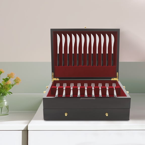 Wooden Silverware Chest for 22 Utensils, Pine Wood Cutlery Storage Box with Drawer and Flannelette Lining, Flatware Organizer for Home Restaurant Picnic, Red Black