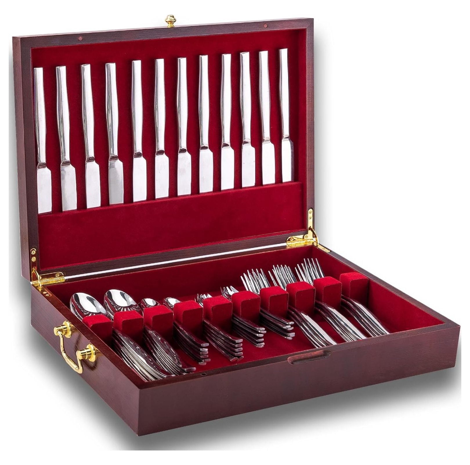 Wooden Silverware Chest with Handle, Flatware Storage Box for 12 Sets ...