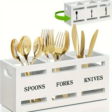 Porta Posate Silverware Caddy Con 3 Scomparti E Maniglie, Bianco, Per Cucina E Feste (33x15.6x3.8 Cm)