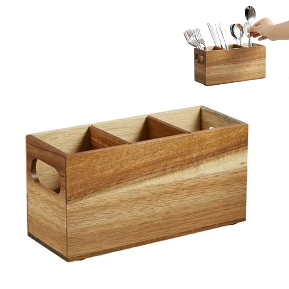 Wooden Silverware Holder – Natural Kitchen Utensil Caddy, 3-Compartment Cutlery Holder for Party, Fork Spoon Knife Organizer for Countertop or Picnic