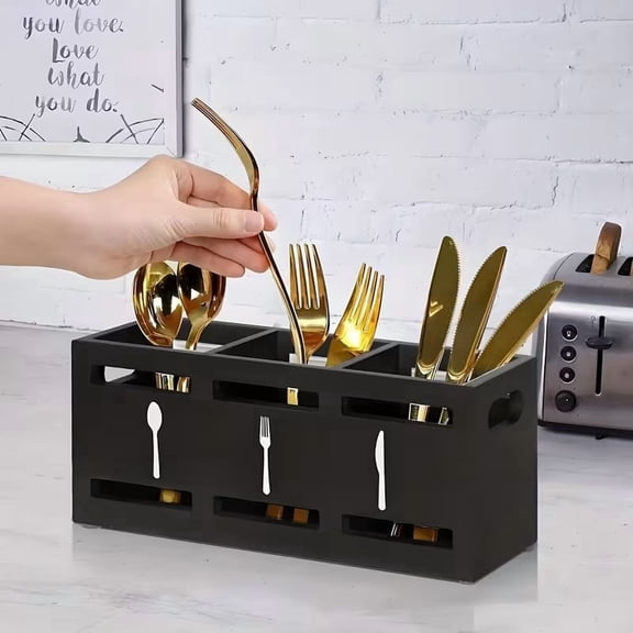 Wooden Silverware Utensil Rack with 3 Compartments - Kitchen Counter Utensil Organizer for Spoons, Forks, and Chopsticks - Ideal Storage Solution for Home, Picnic, and Parties