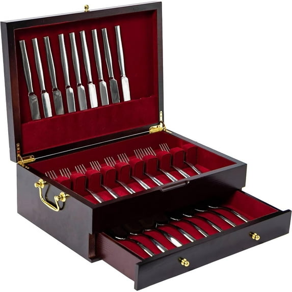 Wooden Silverware Chest without Silverware Double-layer, Silverware Box Storage for , Silverware Case with Handle and Felt Lined, Flatware Chest for 12 or 16 or sets of Utensils